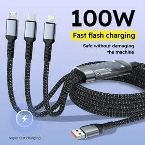 _Mega Brand 100W 3-in-1 USB Charger Cord Cell Phone Charging Cable Fast Charging Data Cable, Black