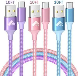 _Mega Brand USB C Cable, [ 3 Pack 10FT ] USB C Charger Cord Nylon Braided 3A Type C Fast Charging Cable for Samsung Galaxy S24/S23/S22/S21/S20-MultiColor