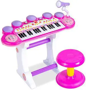 _Mega Brand 37-Key Kids Electronic Piano Keyboard w/ Multiple Sounds, Lights Microphone, Stool - Pink