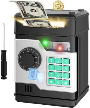 _Mega Brand Piggy Bank, Automatic Electronic Piggy Bank for Kids Boys Girls with Password and Fingerprint Unlocking Simulation, Money Bank Kids Safe Toys for 3 4 5 6 7 8 9 10 Year Old Boy Girl (Black)