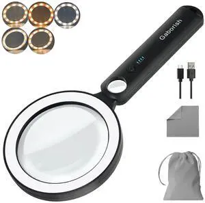 _Mega Brand Magnifying Glass with Light, 10X 30X Handheld Real Glass Magnifier with 36 LED Light, 5 Color Modes Dimmable Rechargeable Lighted Magnifier for Seniors Reading, Inspection (White & Black)
