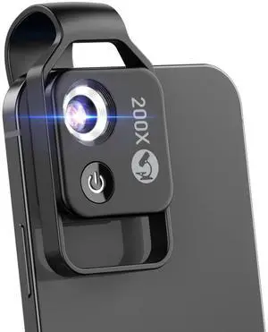 _Mega Brand 200X Phone Mini Pocket Microscope with LED Light/Universal Clip,Nano Zoom Portable Digital Microscope Camera Attachments for 99% Smartphone, Microworld for Kids Adults(Black 200X with CPL)