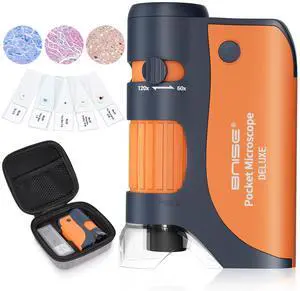 _Mega Brand Pocket Microscope, Portable Handheld Mini Microscope Kids 60X-120X with 5 Microscope Slides and Carrying Case for Microbiological Observation Lab Study Educational