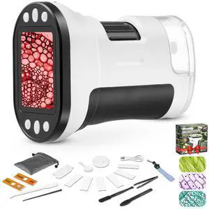 _Mega Brand Microscope for Kids, 1000X Portable Pocket Microscope Miniscope, with 2 LCD Screen Handheld Kids Microscope,Adjustable LED, 600mAh Battery, USB to PC,32G SD Card, for Kids 8-12-White
