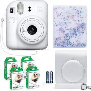 _Mega Brand Instax Mini 12 Instant Camera Clay White + Fuji Film Value Pack (40 Sheets) + Shutter Accessories Bundle, Incl. Compatible Carrying Case, Quicksand Beads Photo Album 64 Pockets