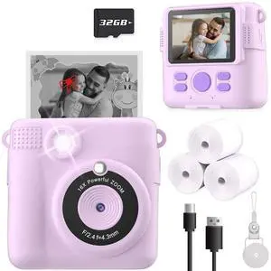 _Mega Brand Instant Print Camera for Kids, Christmas Birthday Gifts for Girls Boys, HD Digital Video Cameras for Toddler, Portable Toy for 4 5 6 7 8 9 10 Year Old Girl with 32GB SD Card-Purple