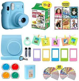 _Mega Brand Instax Mini 11 Instant Camera Sky Blue + Shutter Compatible Carrying Case + Fuji Film Value Pack (20 Sheets) + Shutter Accessories Bundle, Color Filters, Photo Album, Assorted Frames