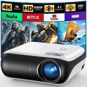 Native 1080P Bluetooth Projector, Full HD Portable Outdoor Movie Projector with Built-in Speaker, Compatible with Smartphone, HDMI, USB, AV, Fire Stick, PS5 for Home, Bedroom, Outdoor Use
