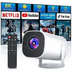 Mini Projector with WiFi and Bluetooth, Portable Outdoor Movie Projector Supports 4K/8K with Android System, Smart Proyector for Home Theater, Business Presentation, Gmaing