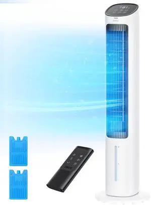 _Mega Brand Evaporative Air Cooler, 40 Cooling Fans that Blow Cold Air, 80° Oscillating, Removable Water Tank, Ice Packs, Remote Control, 4 Speeds, 7H Timer, Swamp Cooler for Bedroom, White