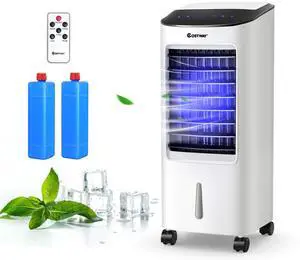 _Mega Brand Evaporative Cooler, Portable Cooling Fan with Remote Control, 3-Mode, 3-Speed and 7.5H Timer Function, Include Ice Crystal Boxes, Casters and Water Tank, Bladeless Cooler for Home Office