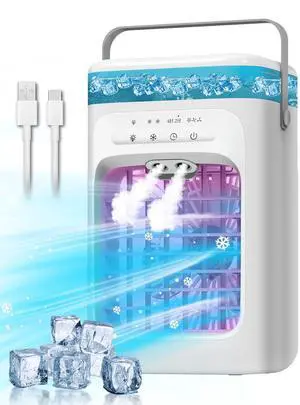 _Mega Brand Portable Air Conditioner, Evaporative Mini Portable AC Unit with 3 Speeds & 2 Mist, 120° Oscillating, 7 Color Lights 2-4H Timer, Small Cooling Fan for Bedroom, Office, Home