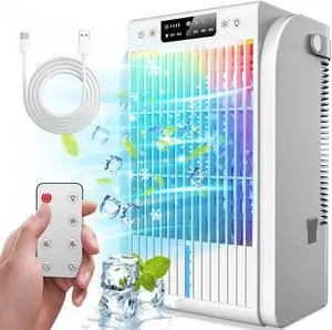_Mega Brand Portable Air Conditioners Fan,Portable AC Unit With 1500ML Water Tank,4-IN-1 Evaporative Air Cooler with Remote Control 7 Color Light Personal Mini Air Conditioner Portable for Room Office