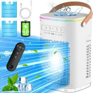 _Mega Brand Small Air Conditioner,5400mAh Built-in Battery Evaporative Air Cooler,2 Ice Packs,7H Timer Smart Auto-Off&Remote,7 Lights,1200ML Water Tank, 2-Level Mists,3-Speed Personal Air Conditioner
