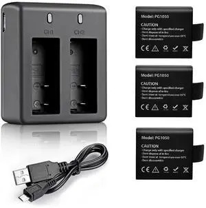 _Mega Brand 3 x 1050mAh Rechargeable Action Camera Battery with USB Dual Charger Compatible with AKASO EK7000/Brave 4/V50X/Apexcam/VEMONT/Dragon Touch Vision 3/REMALI CaptureCam/Jadfezy Action Camera