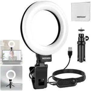_Mega Brand Basics 5"Ring Light with Mini Tripod Stand for Desk Video Conference Lighting, Clip on Streaming Kit for Monitor Webcam Laptop Computer Makeup Selfies Video Recording, Cleaning Cloth, BR60