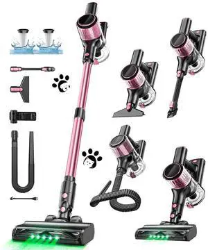 _Mega Brand 10 in 1 Stick Vacuum with Powerful Suction, Hose, Green LED Light, Anti-Tangle Brush, Lightweight Rechargeable Vacuum Cleaner for Home, Hardwood Floors, Carpets, Pet Hair,Pink