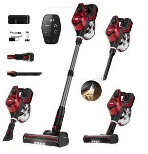 Cordless Vacuum Cleaner,30Kpa Home Stick Vacuum,Smart Display&1.5L Dust Cup,55mins Max Runtime,Rechargeable Lightweight Handheld Vavuum for Pet Hair/Carpet/Hardwood Floor/Car (Red)