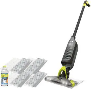 VACMOP Cordless Hard Floor Cleaner, Vacuum and Spray Mop, Powerful Suction, Lightweight, LED Headlights, Includes 4 Disposable Pads, 12oz Multi-surface Cleaning Solution, Gray, VM252