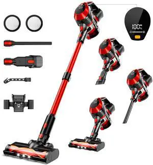 _Mega Brand Cordless Vacuum Cleaner - Lightweight, 35Kpa Home Stick Vacuum,Smart Display & Removable Battery,Up to 45 Mins,8 in 1 Portable Handhled Vacuum,Wall Mount Charging for Hardfloor,Carpet Red
