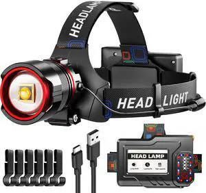 _Mega Brand Rechargeable LED Headlamps, 90000 High lumens Headlamp with Motion Sensor & Zoomable, 12 Modes, IPX7 Waterproof Headlight for Forehead,125°Adjustable & Head Lamp for Adults,Camping,Hardhat