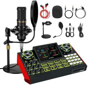 _Mega Brand Podcast Microphone Bundle with Live Sound Card Audio Mixer,Podcast Equipment Bundle Sound Board with 3.5mm Condenser Microphone for Pc/Phone Live Streaming Singing Gaming,Voice Changer