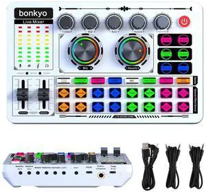 _Mega Brand F999 White Live Streaming Sound Card, Professional Audio Mixer, Voice Changer Soundboard with Audio Interface, Bluetooth, Noise Reduction, DJ Mixer Board for Live/Podcasting/Gaming