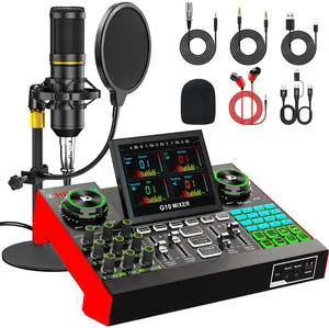 _Mega Brand Podcast Microphone Bundle with Live Sound Card Audio Mixer,Podcast Equipment Bundle with3.5mm Condenser Microphone for Pc/Phone Live Streaming Singing Gaming,Sound Board with Voice Changer