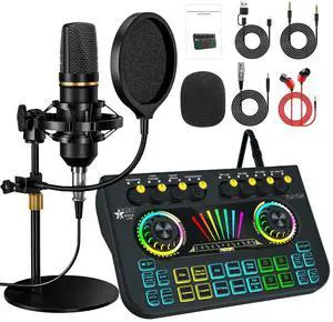 _Mega Brand Podcast equipment bundle, with live sound card audio mixer,equipped with 3.5mm microphone, podcast microphone bundle for streaming content creation,recording,singing,and live broadcasting