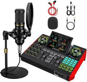 _Mega Brand Podcast Microphone Bundle with Live Sound Card Audio Mixer, Podcast Equipment Bundle with3.5mm BM800 Microphone for Pc/Youtube Live Streaming Singing Gaming, Sound Board with Voice Changer