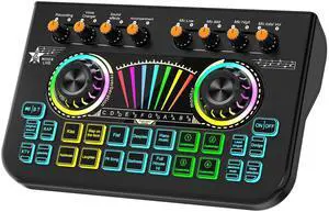_Mega Brand Audio Mixer, Sound Board for Pc/Phone Live Streaming Gaming, Audio Interface for 3.5mm/6.35mm Dynamic Microphone, Live Sound Card with Voice Changer, Denoise, Lead Singing Podcast Mixer