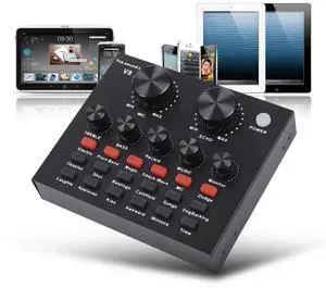_Mega Brand V8 Live Sound Card, Audio Mixer USB External Sound Card Headset Microphone Sound Card Live Broadcast KTV Sound Card for Double Cell Phone for Live KTV Voice Chat(Black)