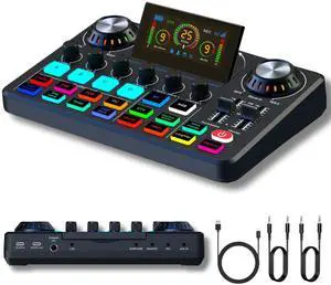 _Mega Brand Audio Mixer,Live Sound Card with DJ Mixer Effects & Voice Changer, Denoise, One Click Mute, Sound Board with RGB, Bluetooth,Music Recording Equipment, Ideal for Streaming/Podcasting/Gaming