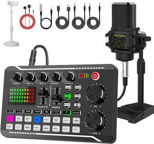 _Mega Brand F998 Podcast Equipment Bundle, Audio Interface & BM888 Recording Studio Microphone, Professional Live Sound Card w/Dj Mixer Effects & Voice Changer for Live Streaming Gaming YouTube TikTok