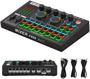 _Mega Brand F999MAX Live Sound Card, Professional Audio Mixer & Noise Reduction, Metal Body & Indicator Panel, Audio Interface & Voice Changer,RGB Lighting Effects, DJ Mixer for Live/Gaming/Podcasting