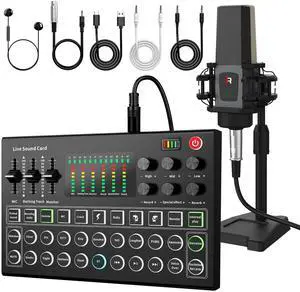 _Mega Brand Podcast Equipment Bundle, All-in-One Audio Interface DJ Mixer with Microphone,Stand,Monitor Earphone, Audio Mixer With Sound card for PC/Laptop/Phone, Streaming/Podcasting/Gaming (M9 Set)