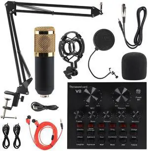 _Mega Brand Condenser Microphone Bundle, Live Sound Card, Adjustable Boom Arm, Shock Mount, Metal Mic Pop Filter, Sponge Pop Filter Cover, Earphone, Audio Cables and Power Cable, Set of 11 Mic Kit