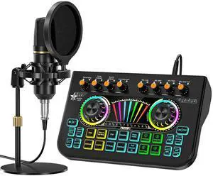 _Mega Brand Podcast Microphone Bundle with Live Sound Card Audio Mixer,Podcast Equipment Bundle with 3.5mm Condenser Microphone for Phone Live Streaming Singing Gaming, Sound Board with Voice Changer