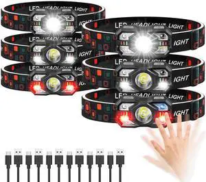 _Mega Brand Headlamp Rechargeable 6Pack, 3000 Lumen Ultra-Light Bright Headlamp Flashlight with White Red Light, LED Headlight Motion Sensor, 5+5 Mode for Outdoor Camping Fishing Running Hiking (6)