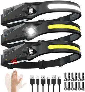 _Mega Brand Rechargeable Headlamp 3PCS,230°Wide Beam Head Lamp,Motion Sensor LED Headlamp Rechargeable,5Mode Bright Headlamps for Adults,Head Lights for Forehead,Camping Essentials Gear