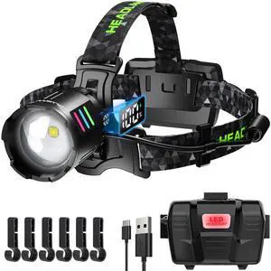_Mega Brand - Led Rechargeable Headlamp, Bright Head Lamps, 90° Adjustable Zoom Forehead Headlight, USB Charging & 3 Modes Head Lights, Headlamps for Fishing, Camping, Cycling & Hiking