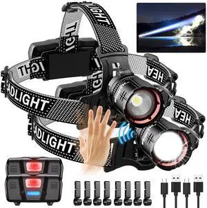 _Mega Brand High Lumens LED Headlamp&100H Using Time,USB Rechargeable Head lamp,90°Adjustable Widebeam Motion Sensor Head Light with 5 Modes,Zoomable for Camping Running Hiking Hard Hat Headlamps 2pc