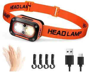 _Mega Brand LED Headlamp High Lumens USB Rechargeable Dual Light Headlight for Hardhat with Motion Sensor, Red Warning Light Up/Down Adjustable, Waterproof Head Lamps for Camping, Car Maintenance