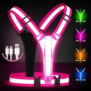 _Mega Brand LED Reflective Running Vest Gear,Light Up Vest Runners Night Walking USB Rechargeable,Up to 11hrs Light with Adjustable Waist/Shoulder for Women Men Kids (Pink)