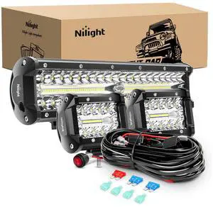 _Mega Brand LED Light Bar Set, 12 Inch 300W Triple Row Spot Flood Combo Work Driving Lamp, 2 Pcs 4 inch 60 W with Wiring Harness for Off road ATV Boat Lighting, Year Warranty