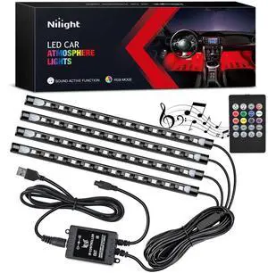 _Mega Brand 48 LEDs DC 5V Multicolor Music Car Strip Light Under Dash Lighting Kit with Sound Active Function and Wireless Remote Control, 2 Years Warranty, 4PCS USB Interior Lights