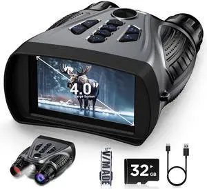 _Mega Brand Night Vision Goggles, 4K Night Vision Binoculars, 4.0" HD Screen Binoculars, 10X Digital NightVision for Adults, 9 Gear Infrared, 4000mAh Battery Gray with 32GB TF Card