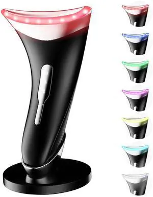 _Mega Brand 7 Color Light Therapy Facial Massager with Adjustable Vibration and Thermals for Wrinkles, Double Chin, Red Light Skin Care Tool with Base, Black