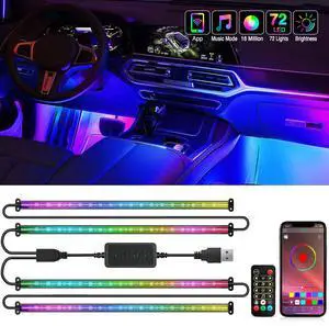 _Mega Brand 72 LED USB Interior Strip Lights Dream Color RGB-IC 12V DC with App RF Remote Control Multicolor Footwell Under Dash Chasing Inside Light Kits 2Lines Music Sync Mode for Cars Truck ATV UTV