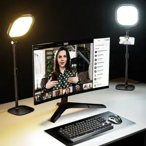 _Mega Brand 2 Packs Video Conference Lights for Zoom Meeting, Podcast Lighting Kit for Working from Home Office, Desktop Video Light with Stand and Phone Holder CRI 97.8